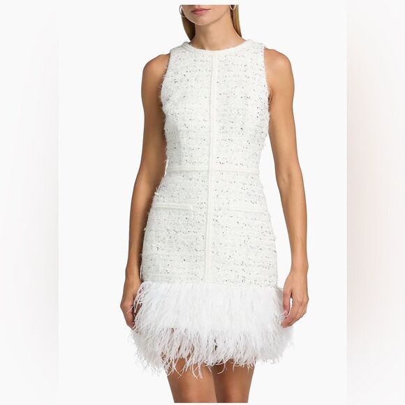 NWOT Milly Raven Feather-Trim Metallic Tweed Minidress, US4/UK8 - Picture 2 of 16